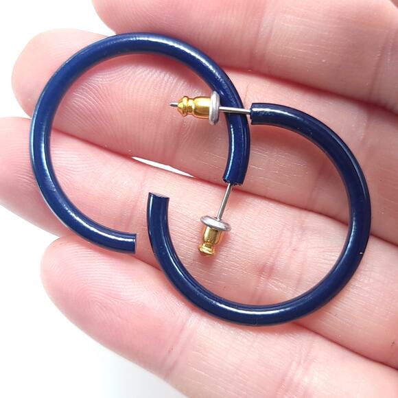 Navy Blue Open Hoop Earrings, Minimalist Modern Fashion Jewelry for Women - Picture 7 of 10